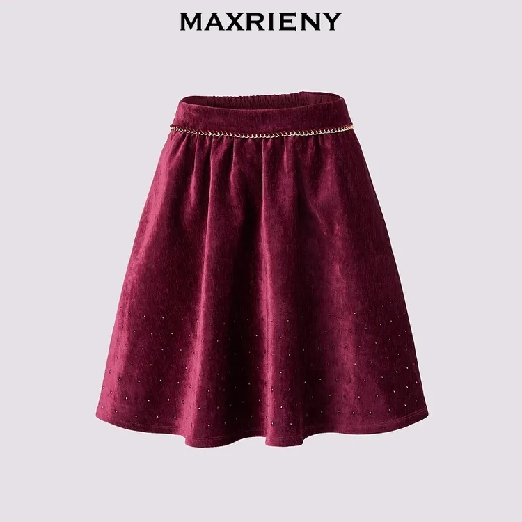 MAXRIENY2024冬季修身A字丝绒半裙显瘦高腰时尚MS85SK768L90