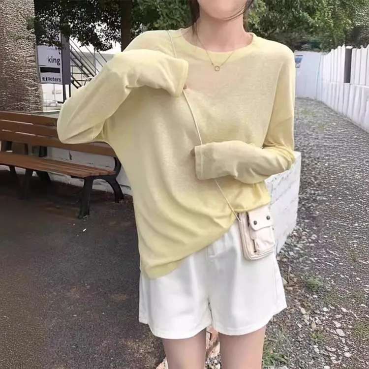 韩系圆领软糯简约休闲百搭长袖体恤女2025春夏薄款防晒罩衫纯色夏
