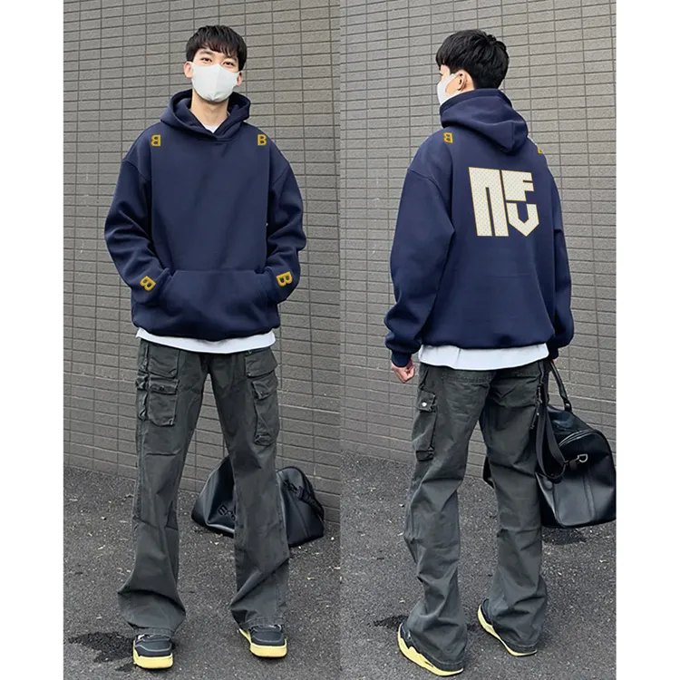 美式个性几何字母印花宽松连帽卫衣男女秋冬季百搭休闲情侣款上衣