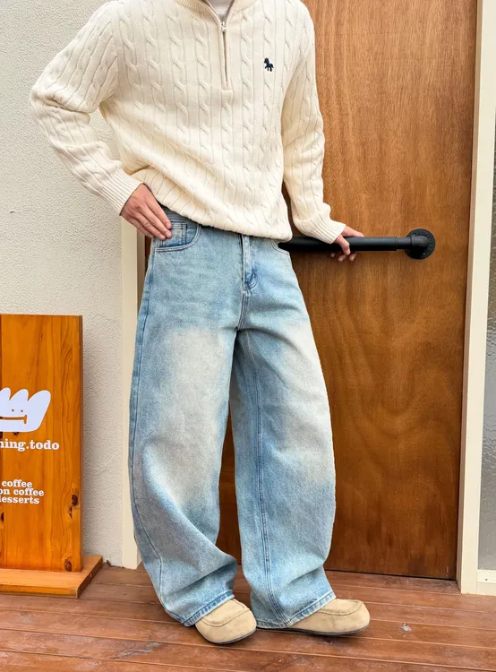 美式cleanfit磨毛加绒直筒牛仔裤男女秋冬宽松潮流百搭长裤半松紧