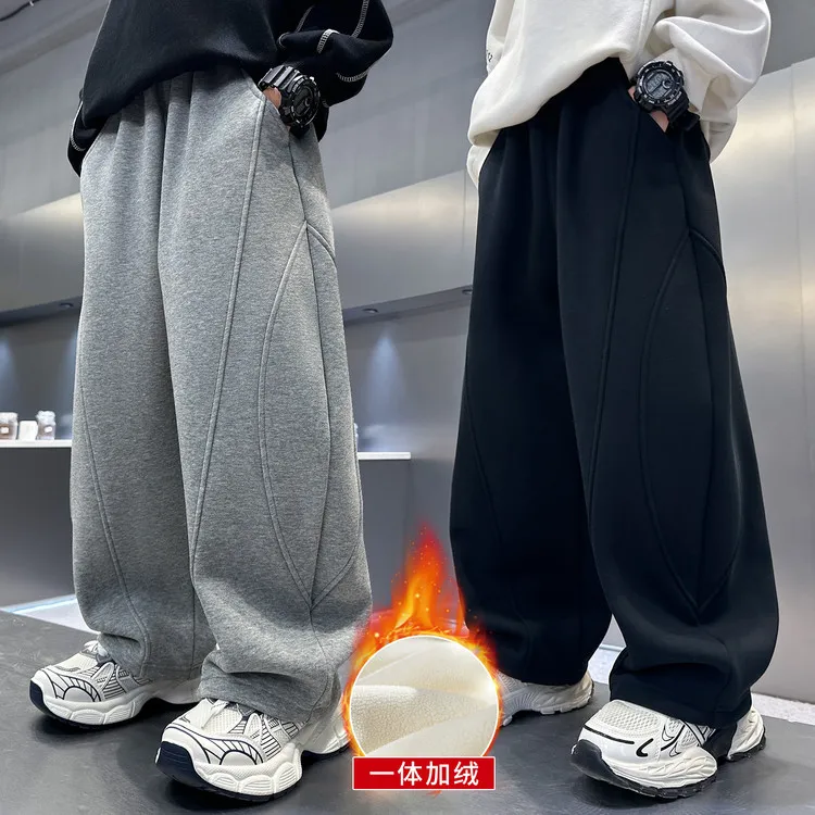 【秋冬加绒】儿童休闲裤加厚中大童拼接纯色百搭宽松男女童卫裤洋气