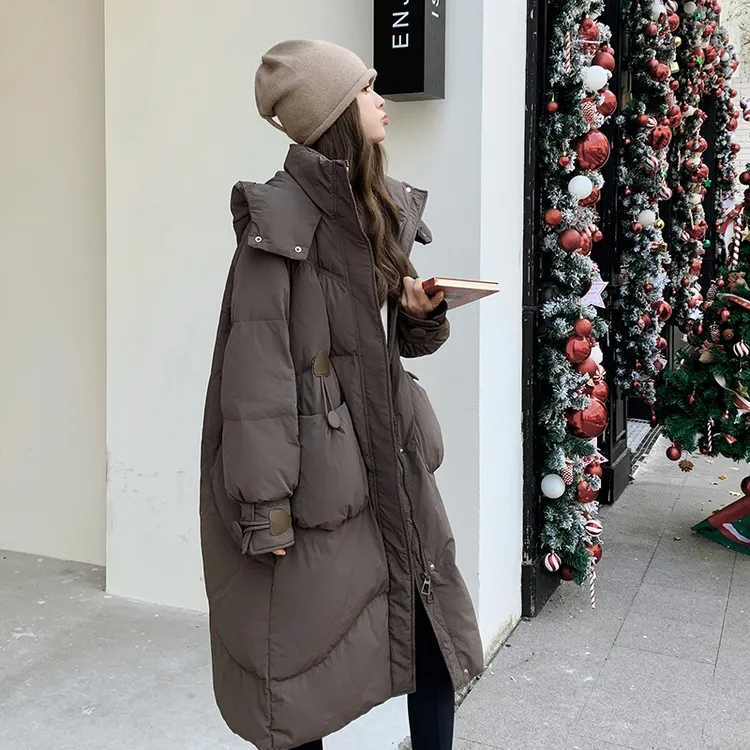 高级感韩系中长款羽绒服女冬季2025新款慵懒风宽松保暖白鸭绒外套