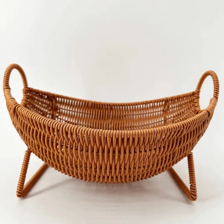 元族K3棕色旦形创意造型客厅轻奢风水果篮纯手工编织仿藤编家用水