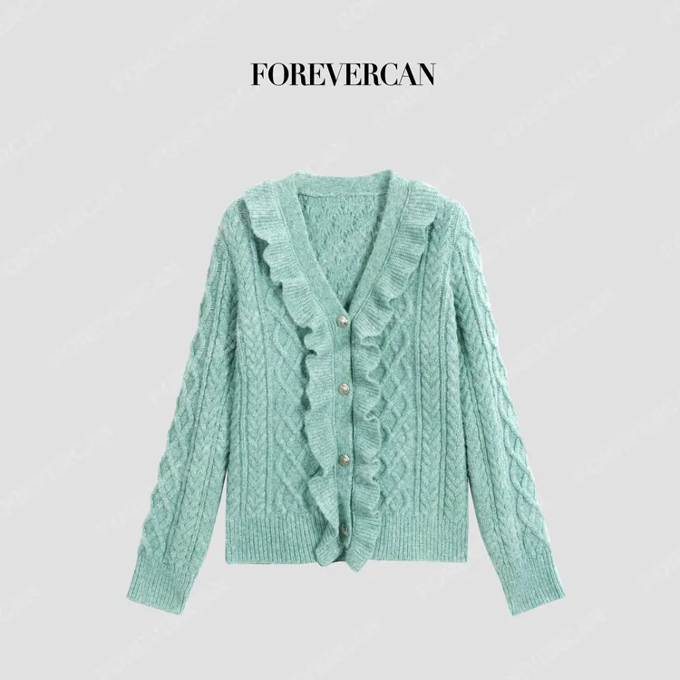FOREVERCAN“格林德瓦”V领荷叶边立体绞花针织开衫MY4667