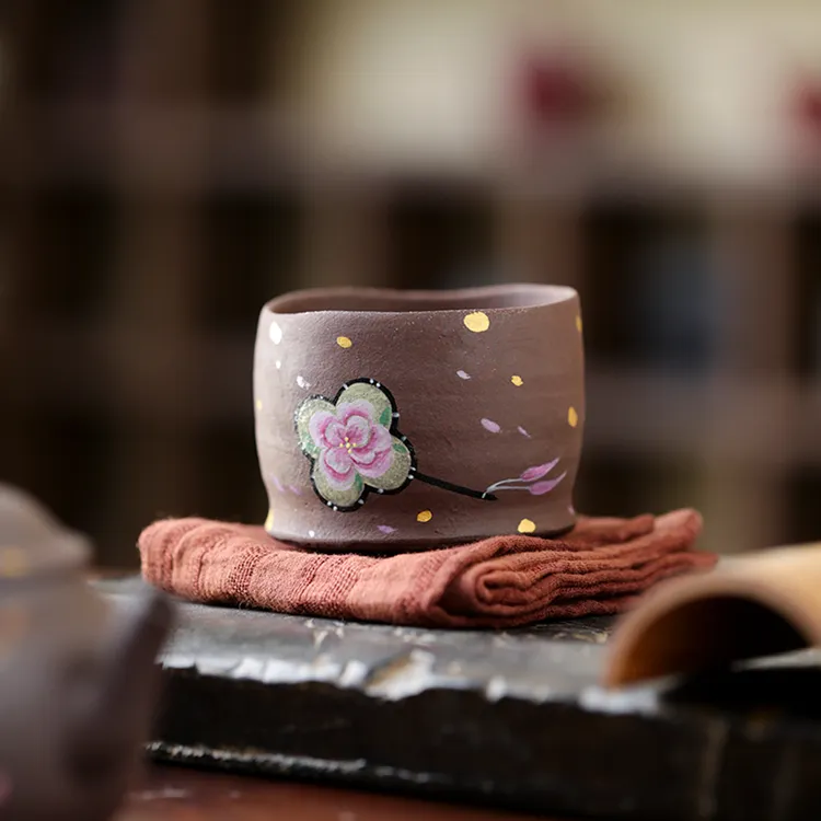 百垚原矿手绘紫陶桃花扇直口杯纯手工功夫茶具主人杯品茗杯大容量