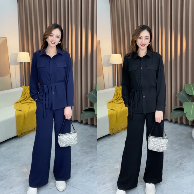 简约宽松大码套装2025秋季新款显瘦洋气长袖衬衣高腰阔腿裤两件套