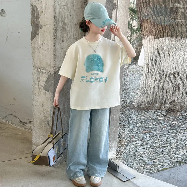 戴维贝拉【断码】女童夏季套装2025新款大童洋气短袖纯棉T恤两件套