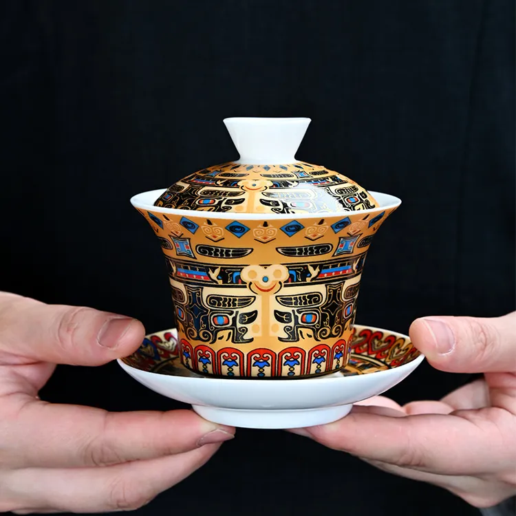 可悬停三才盖碗单个高档不烫手珐琅彩功夫茶具新款唐卡泡茶碗