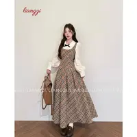梁子【古早拿铁】秋季少女英伦风格纹连衣裙蝴蝶结假两件长裙