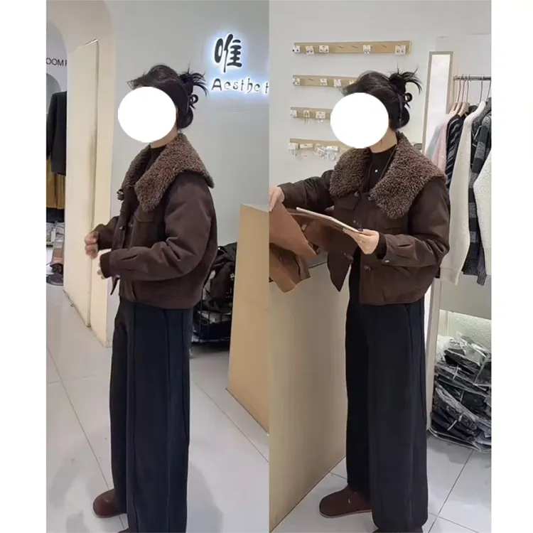 美拉德复古羊羔毛大翻领短外套秋冬季大码胖MM高级感气质保暖棉衣