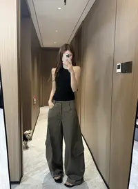 时尚潮流白色工装裤女秋季美式辣妹休闲裤宽松百搭阔腿裤拖地裤子
