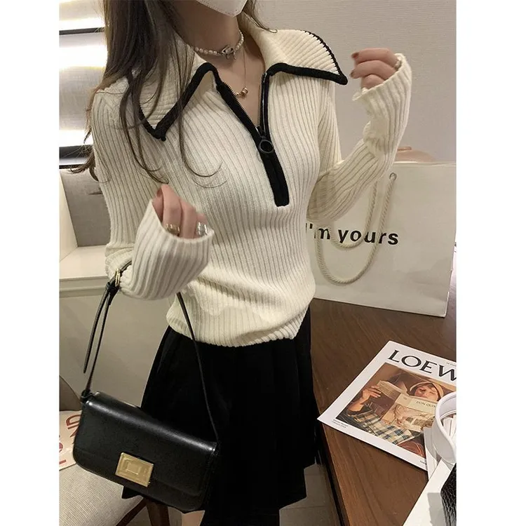 修身显瘦拉链翻领毛衣女2025秋冬新款设计感上衣针织打底衫