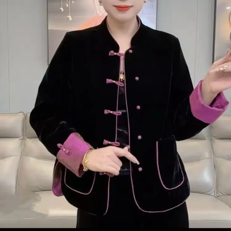 新中式时尚复古女装国风丝绒女装气质外套