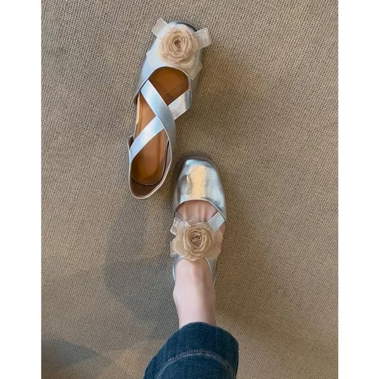 牛皮版~真皮平底花朵银色浅口单鞋女法式复古交叉带芭蕾鞋玛丽珍