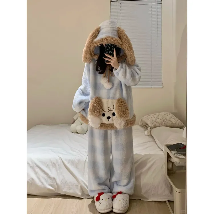 秋冬睡衣女款爆款2026新款垂耳小狗连帽珊瑚绒加绒外穿家居服套装