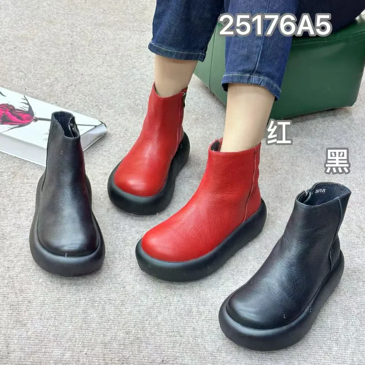 圆头厚底轻底牛皮侧拉链纯色马丁靴时尚靴子职场休闲风