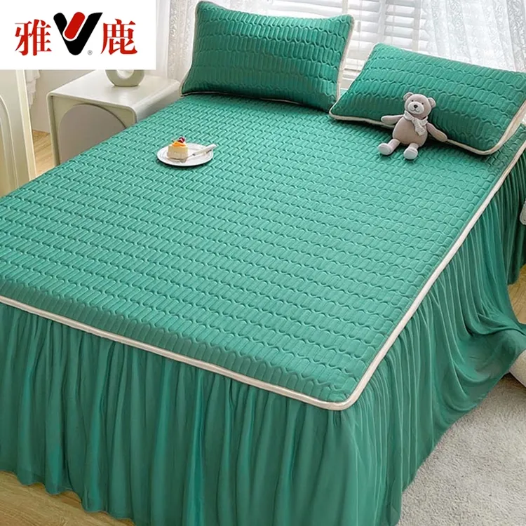 V/雅鹿乳胶冰丝凉席三件套夏季裸睡折叠款软席可水洗防滑单人床裙