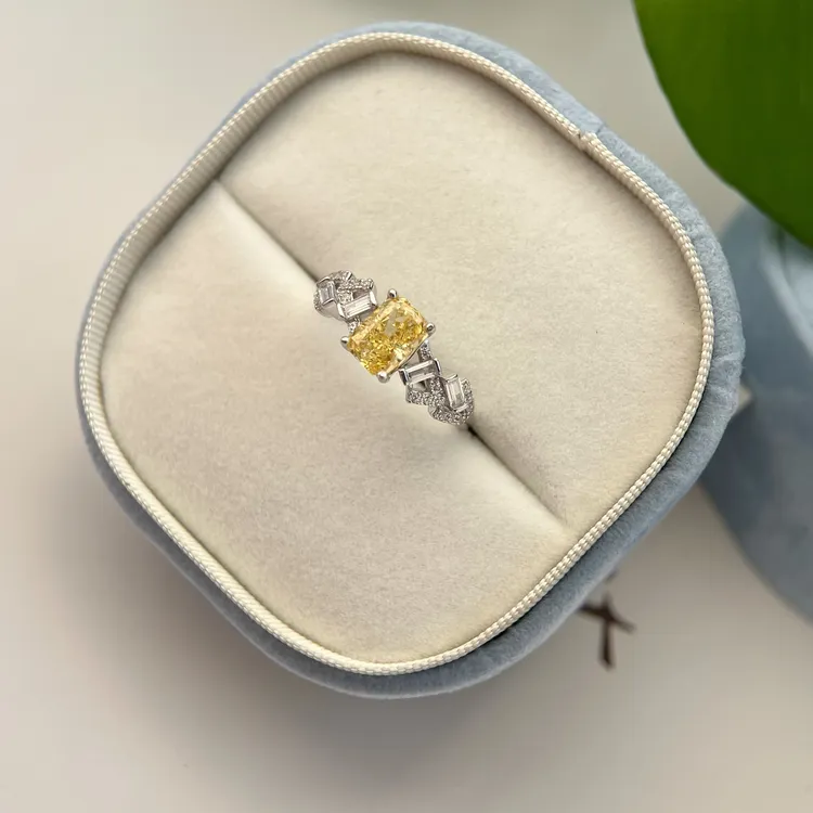 925银戒指 5*7冰花切合成黄宝石满钻镶嵌精美奢华活口可调节镀k金