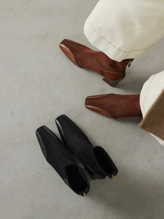 【满壹】时装靴2025年冬季通勤风粗跟拼接瘦瘦靴瘦瘦靴短筒