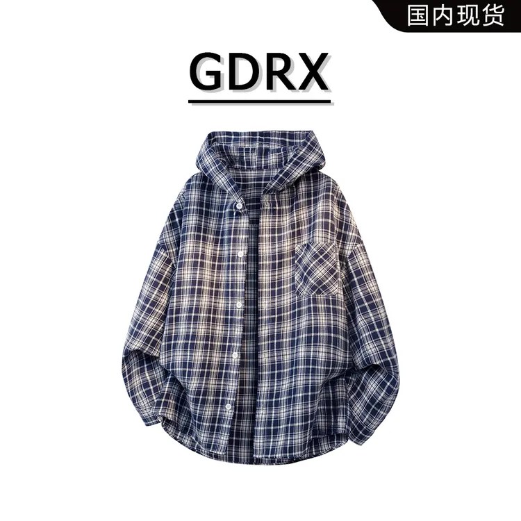 GDRX复古男款格子衬衫2025秋季新款连帽设计百搭宽松大码衬衣外套