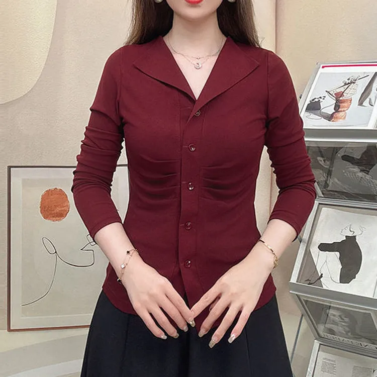 时尚设计感长袖T恤女春秋新款打底褶皱显瘦时百搭洋气衬衫女上衣