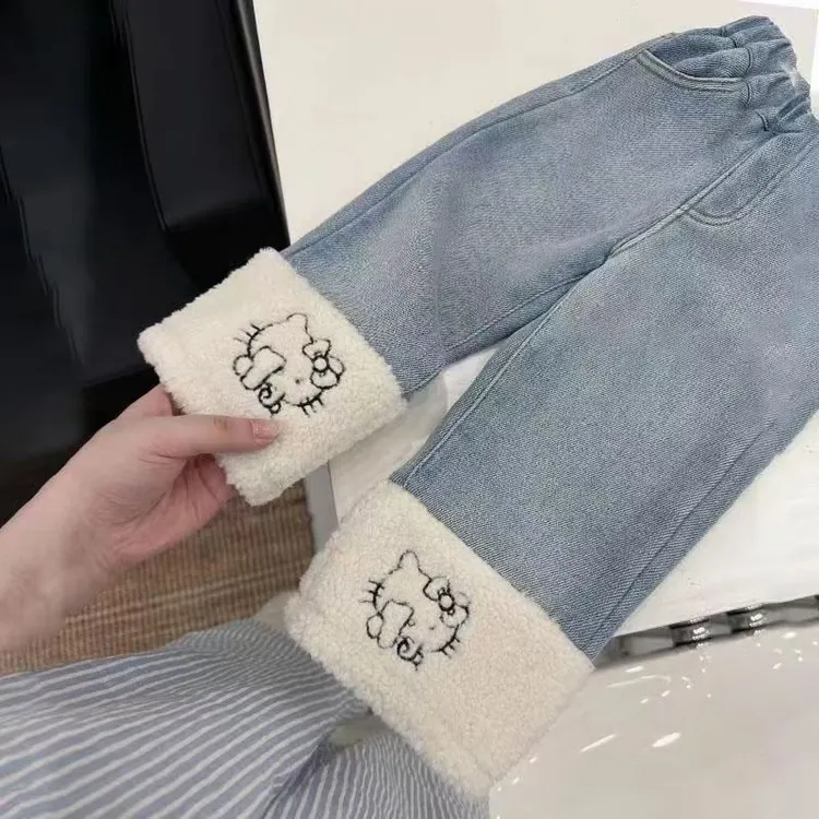 女童加绒牛仔裤秋冬新款中大童可爱卡通羊羔毛拼接直筒裤百搭加厚