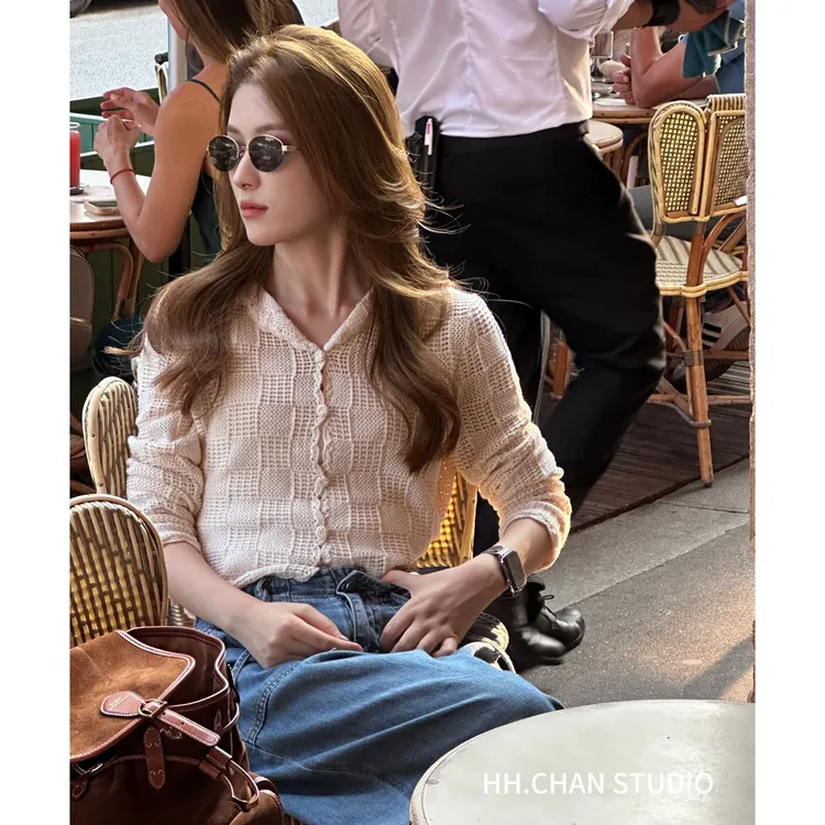 HH.CHAN“法式温柔”100%棉RL新款法式针织显瘦开衫上衣HH53G37965