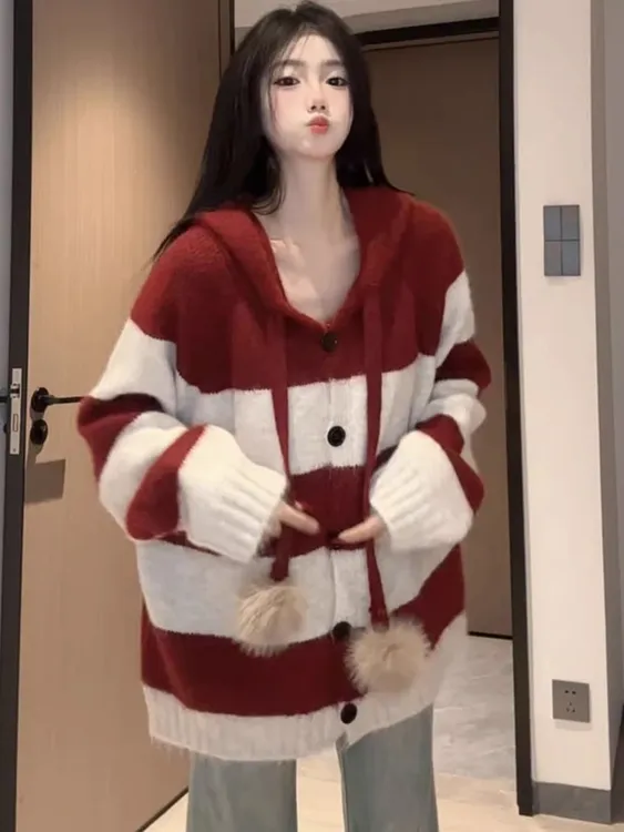 韩系学院风撞色条纹连帽毛衣女秋冬慵懒风高级感宽松针织开衫外套