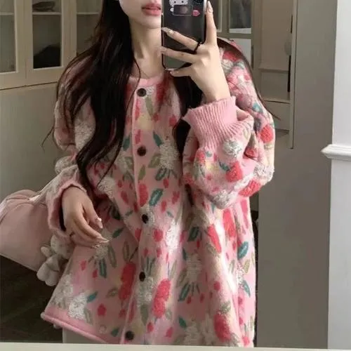 甜美风立体花朵圆领长袖毛衣外套女秋百搭针织开衫