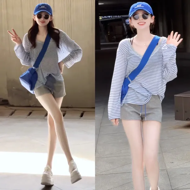 【两件套】夏季轻薄透气凉慵懒风蓝色长袖条纹防晒t恤+休闲绑带短裤