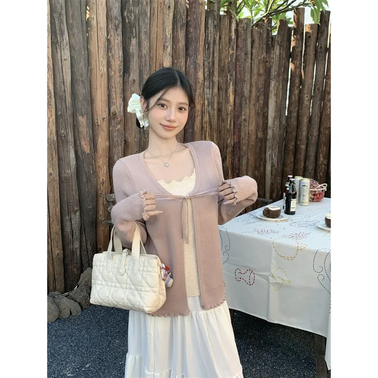 温柔慵懒风假两件长袖针织开衫女秋季穿搭设计感小众系带毛衣外套
