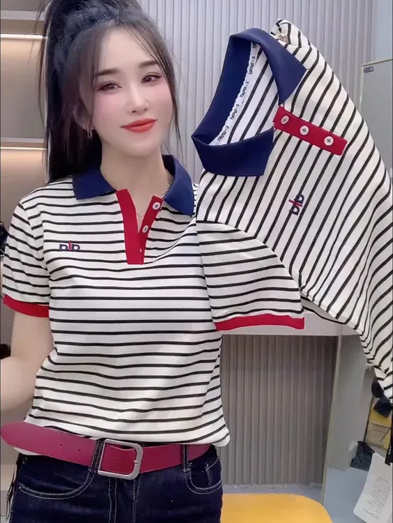 2025新款时尚刺绣条纹POLO短袖t恤夏季大码宽松百搭韩版小众上衣