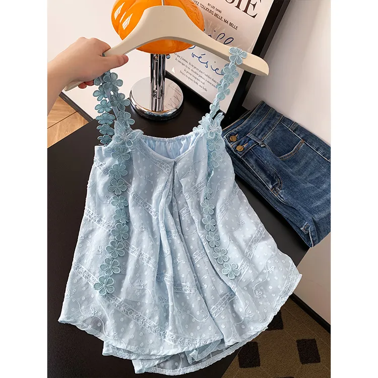 韩版蓝色漂亮小吊带背心女2025夏季新款显瘦高级感无袖雪纺衫上衣