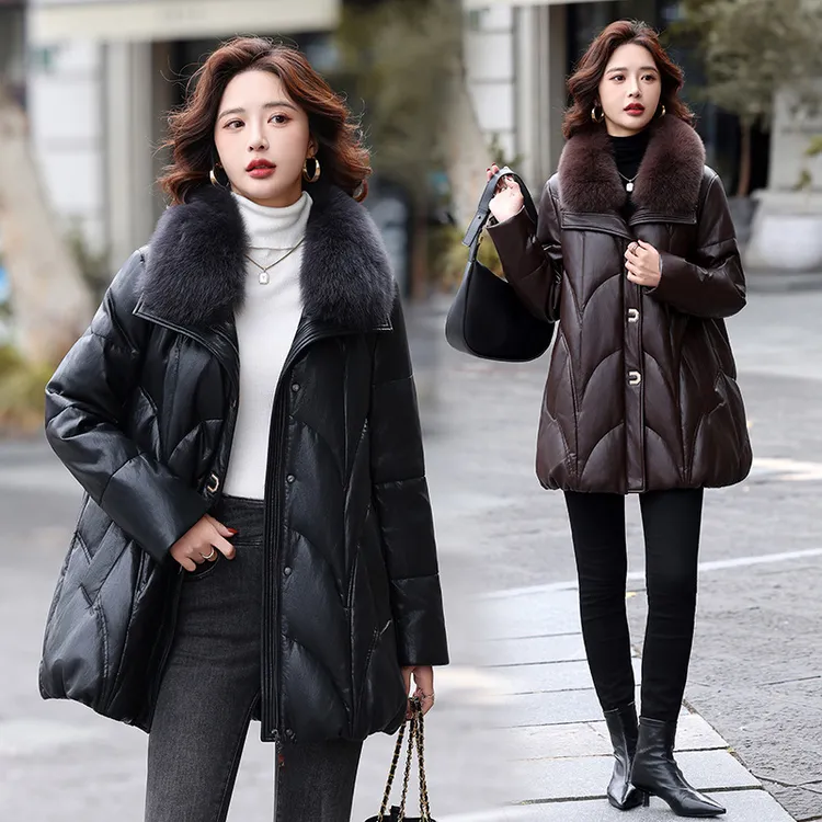 海宁真皮皮衣女羽绒服2025冬新款中长款狐狸毛领外套大码保暖外套