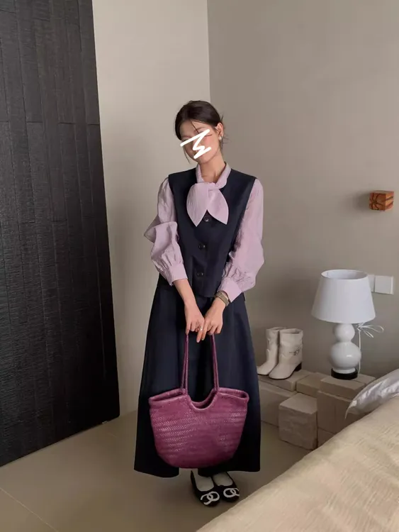 韩系气质套装系带长袖衬衫背心马甲两件套女装秋季A字花苞半身裙