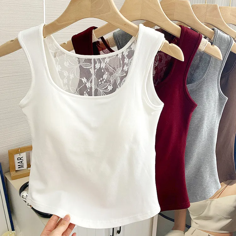 磨毛方领美背文胸一体背心女内搭秋冬加绒保暖带胸垫无袖打底内衣