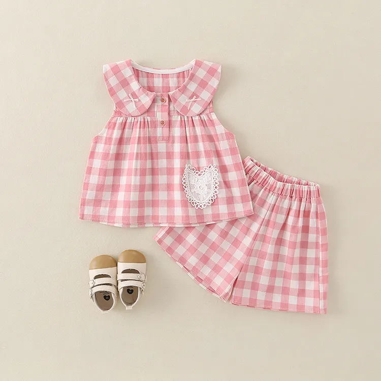 2025新款夏季女童粉色格子背心短裤套装中小童可爱洋女童夏装套装