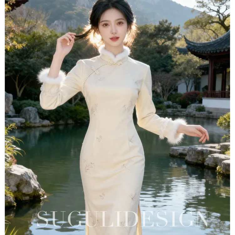 苏故里【雪落】新款冬季加绒加厚日常百搭改良版旗袍显瘦中长款气质