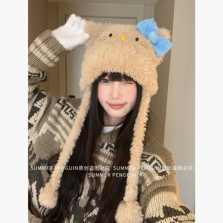 SUMMER PENGUIN夏企手工自制KT毛茸茸帽子护耳雷锋帽女秋冬保暖帽