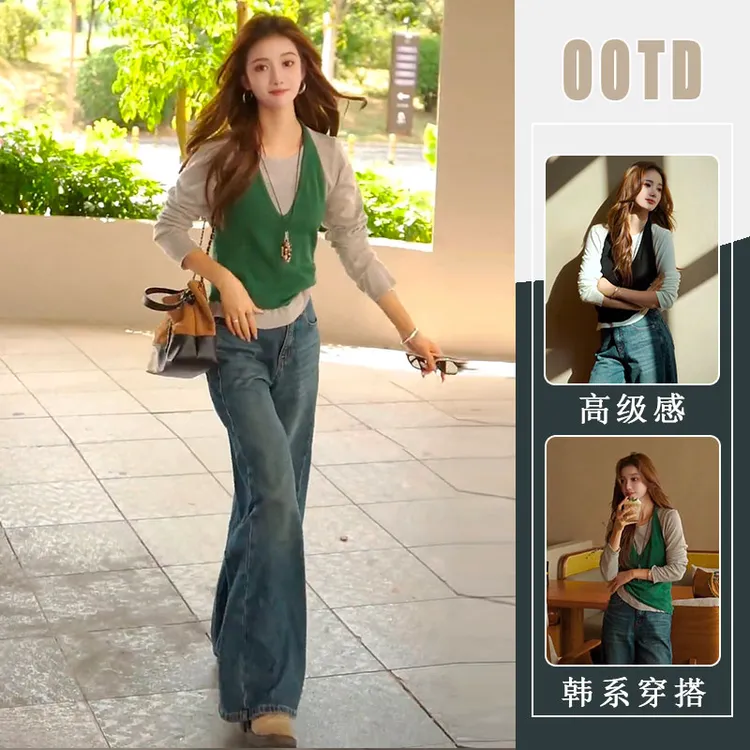 高级感巨好看的套装韩版简约针织衫+挂脖背心马甲牛仔裤三件套秋