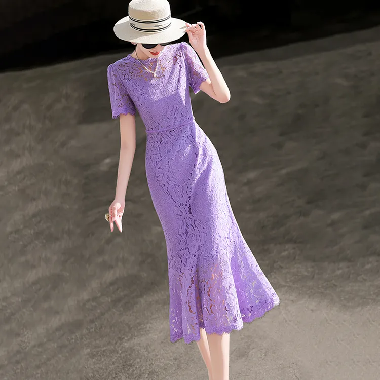 MEXCOCO/兰瑟儿夏季新款高奢千金风钉珠蕾丝鱼尾连衣裙105XL2734