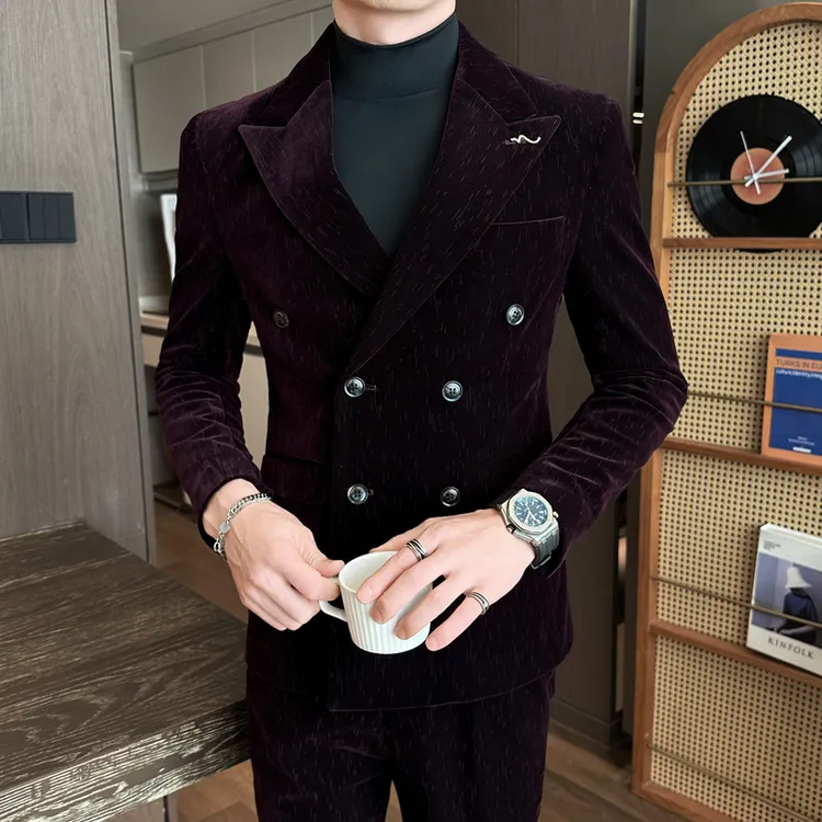 男士新款双排扣丝绒西服套装高级感秋冬季潮牌痞帅休闲西装外套男