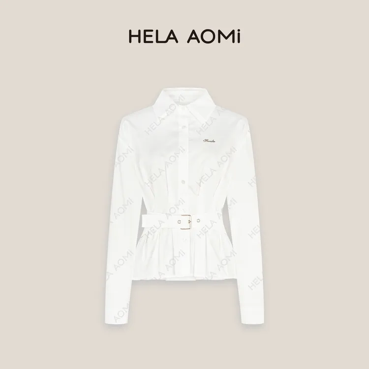 HELA AOMI“腰封衬衫”设计感小众压褶系带收腰显瘦翻领长袖衬衫