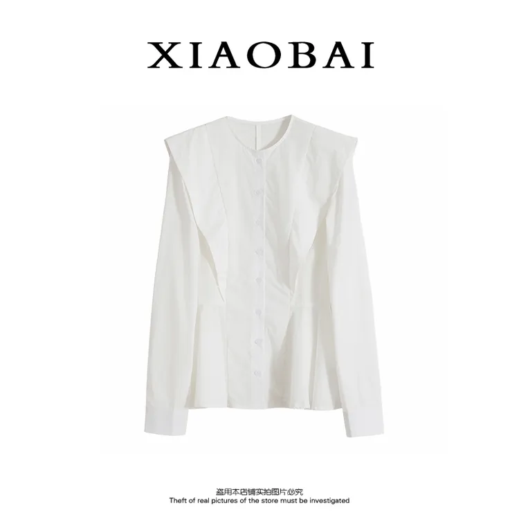 XIAOBAI纯棉衬衫女高级感轻奢减龄洋气秋季白色长袖上衣