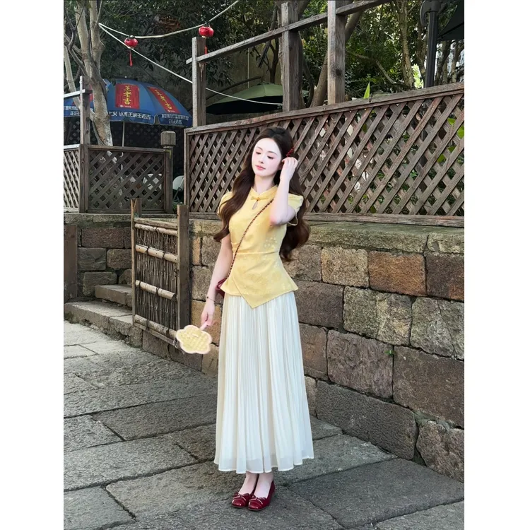 【风信子】<77>新中式印花短袖上衣+压褶长裙XMZH8343+XMZH8344