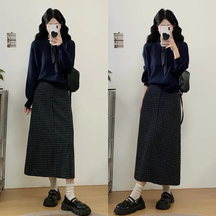 大码气质新款学院风秋冬毛衣针织+格子裙气质穿搭套装长裙