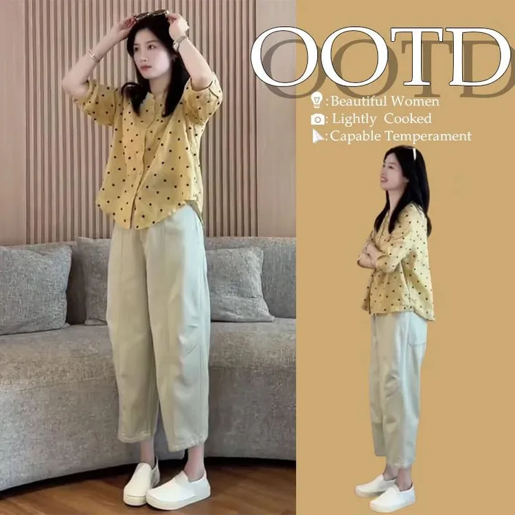 2025超火夏装一整套减龄套装小众设计感波点衬衫直筒休闲裤两件套