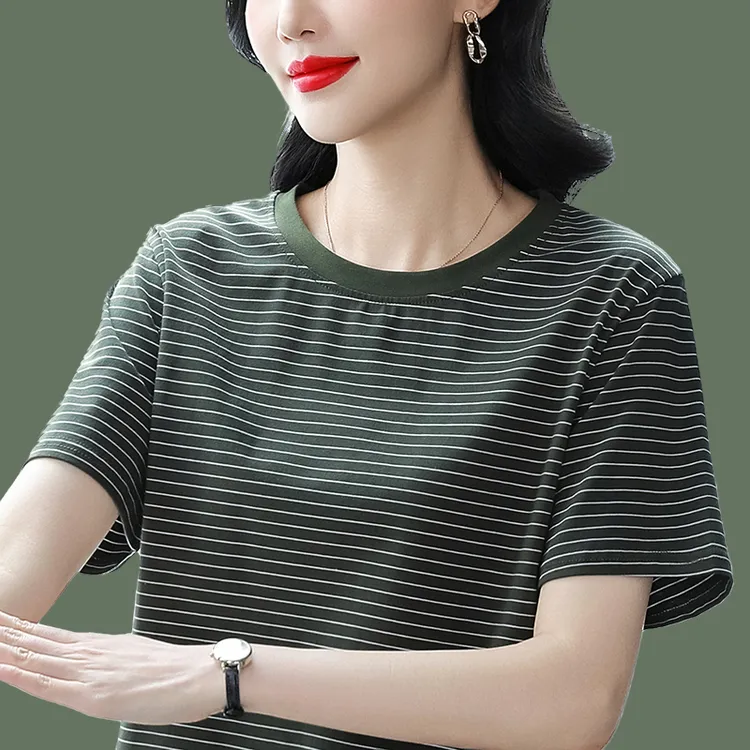 正品新款纯棉圆领短袖t恤女装夏季百搭外穿条纹遮肚显瘦大码小衫