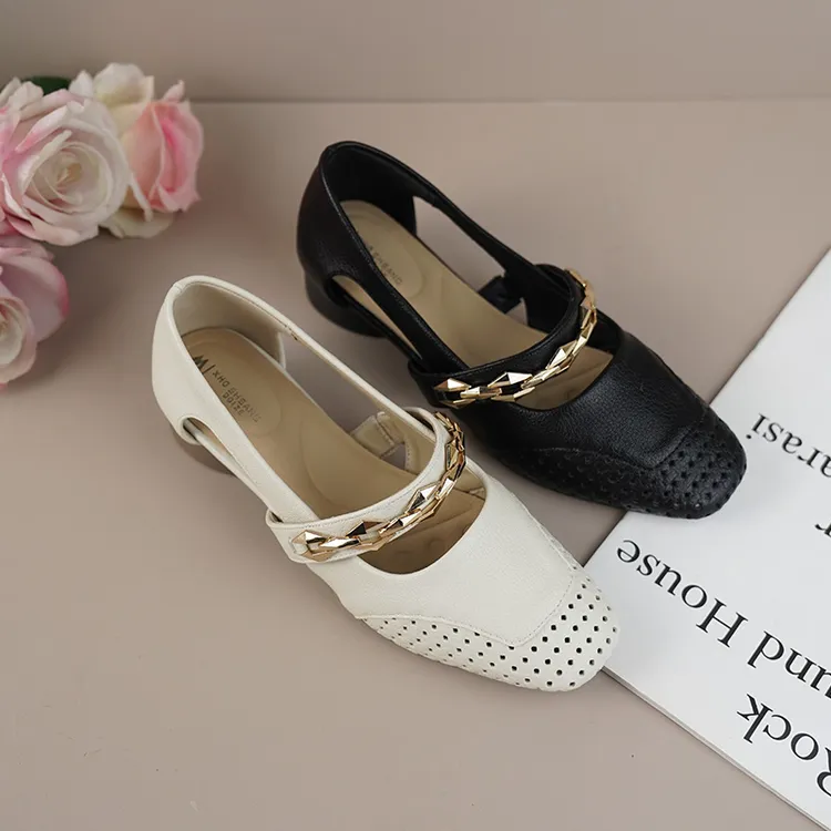 真皮牛皮法式复古镂空凉鞋夏季粗跟时尚百搭凉鞋3706