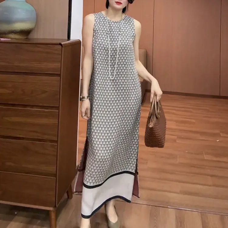 复古圆领印花连衣裙女装2025年夏季新款高级感超好看独特别致长裙